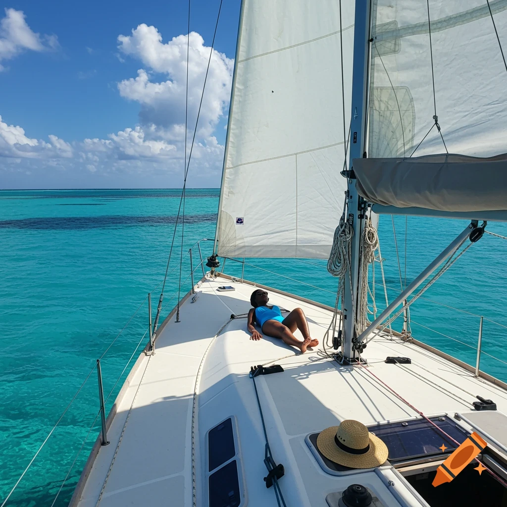 Person sunbathing on the deck of a sailboat on bright blue ocean