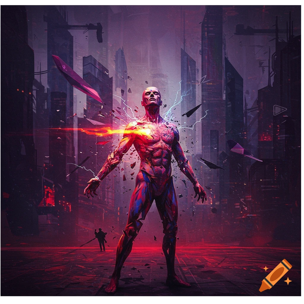 A glowing figure breaking apart in a futuristic city.