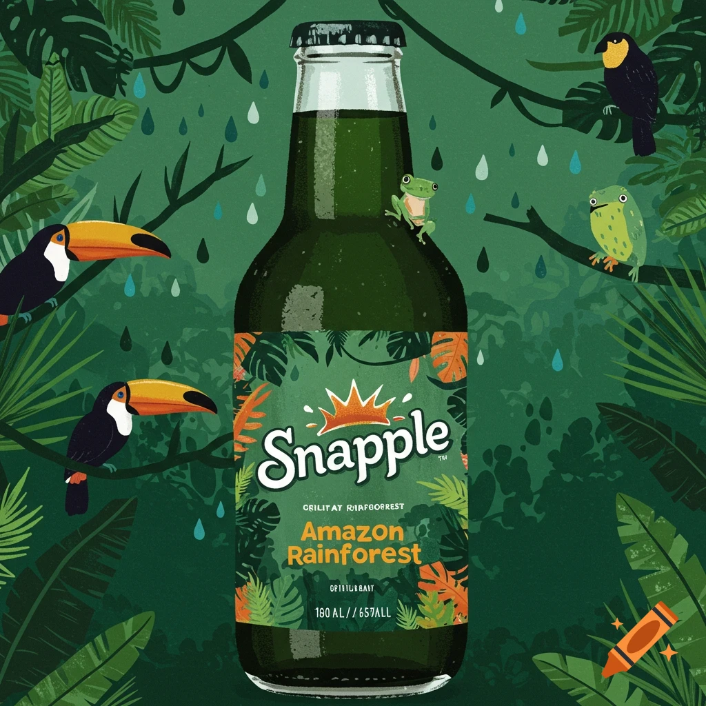 A Snapple bottle is depicted in a lush rainforest scene. Toucans, frogs, and a bird are also visible in the scene.