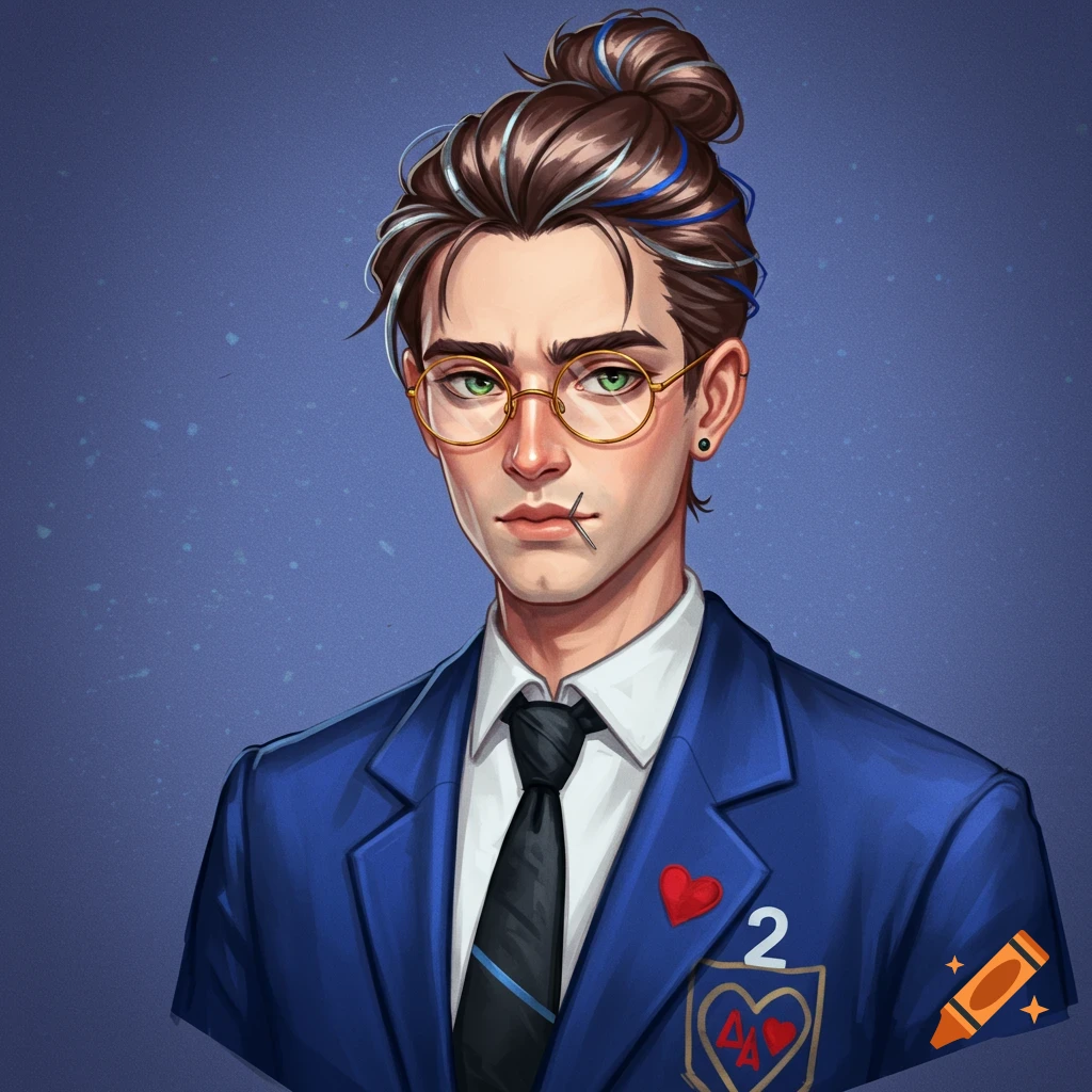 Portrait of a person in a blue blazer with glasses, bun, and a stitch on the face. Features number 2 patch.