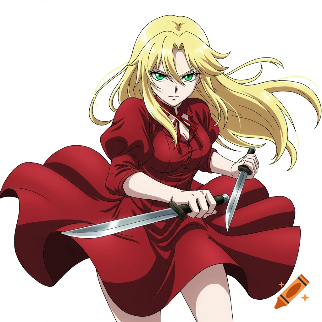 Anime girl with blonde hair, green eyes, and a red dress, holding two knives.