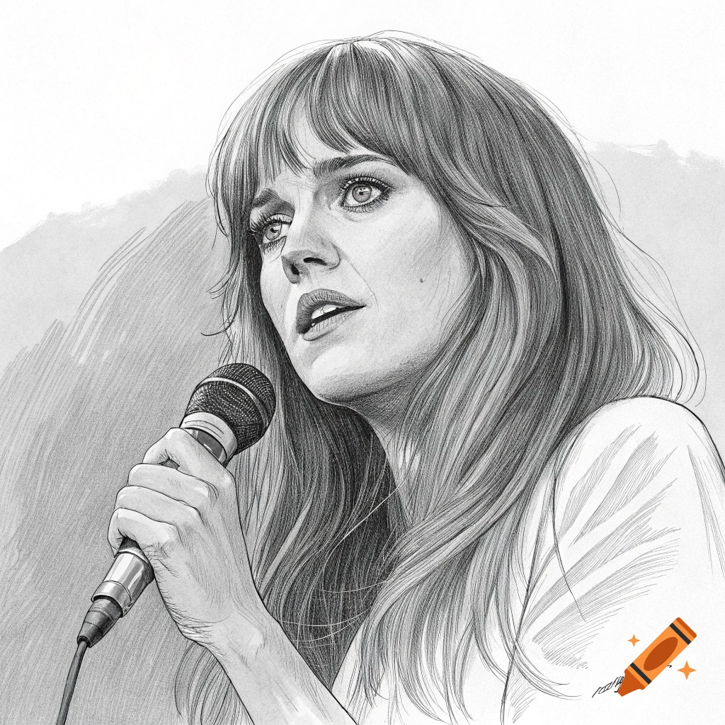 Black and white sketch of a woman holding a microphone and singing.