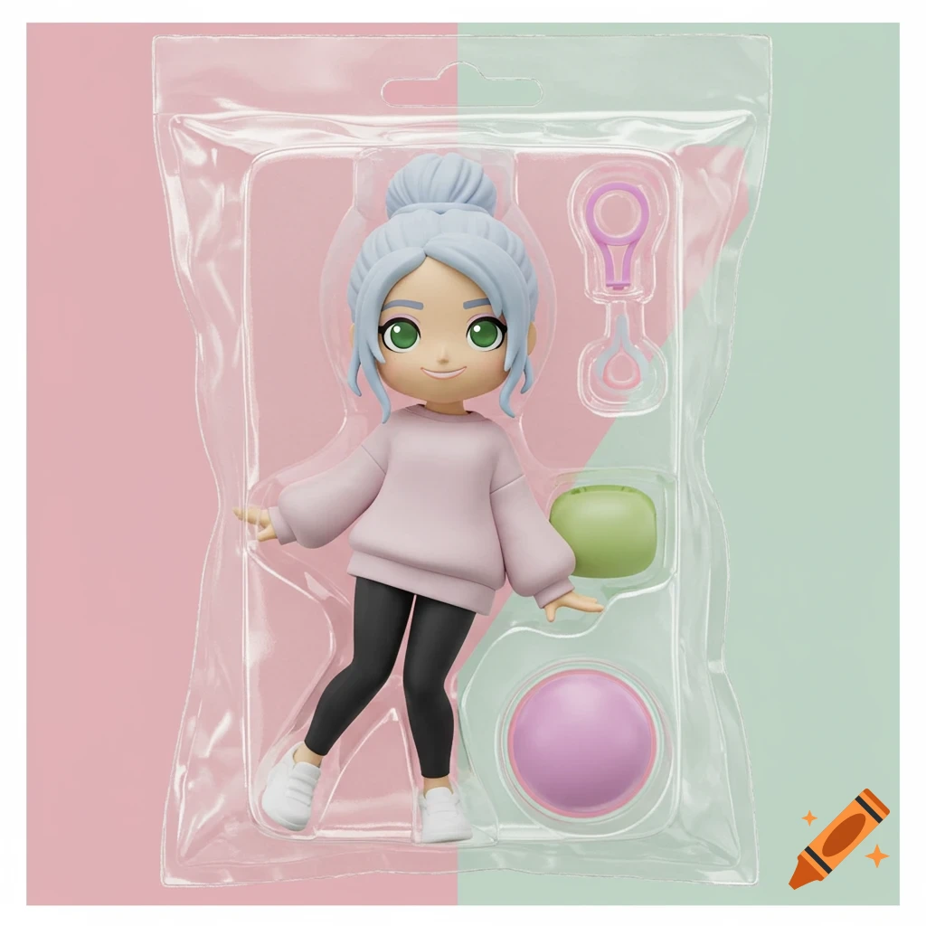 Stylized figurine of a young woman with blue hair in clear plastic packaging with a pastel background.