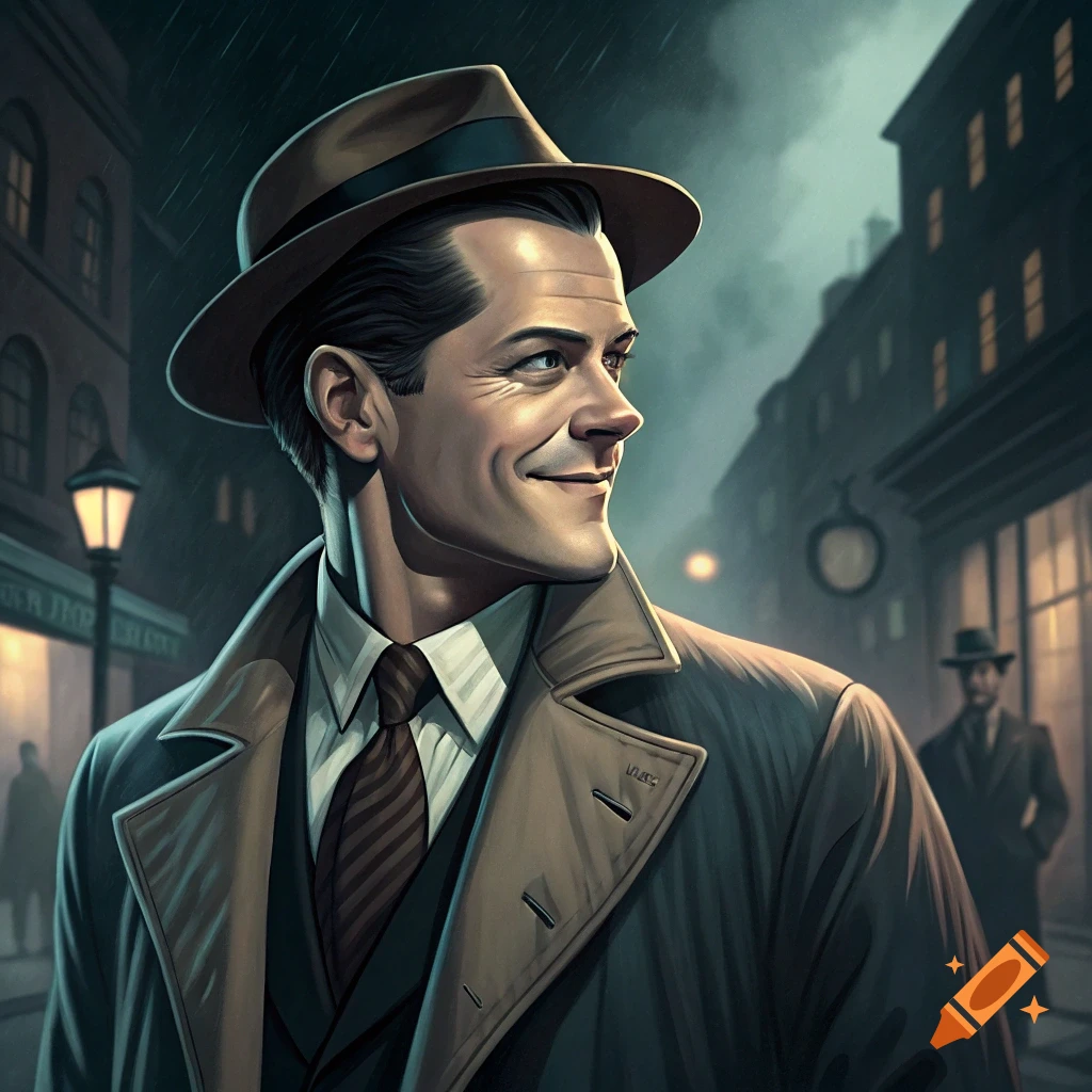 A man in a fedora and trench coat smiles on a rainy city street at night. Illustration style.