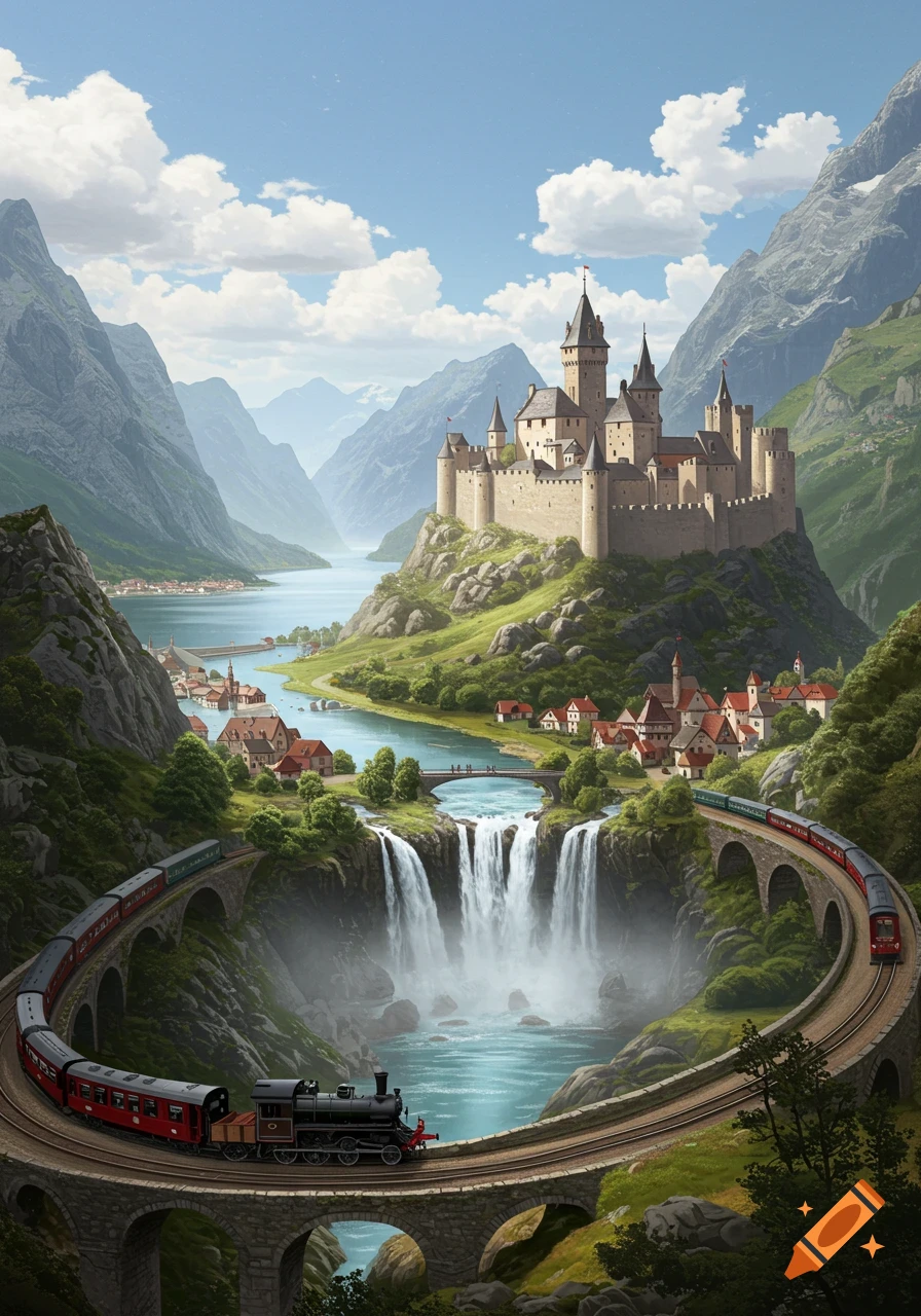 A castle on a mountain overlooking a valley with a village, lake, waterfall, and a train on a bridge.