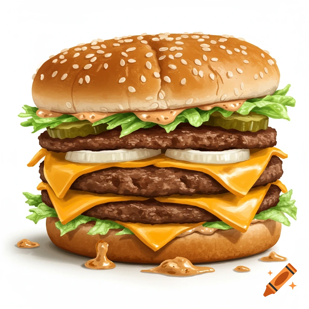 A large double cheeseburger with lettuce, pickles, onions, and sauce.