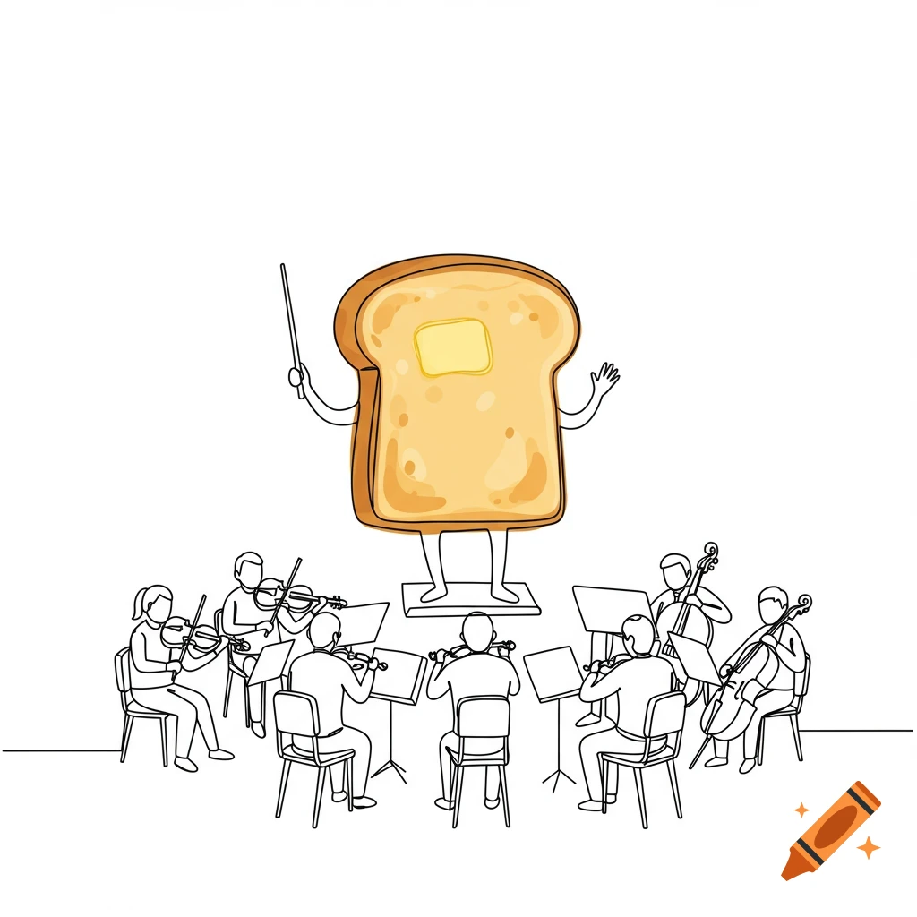 Line drawing of a slice of toast with butter conducting an orchestra.