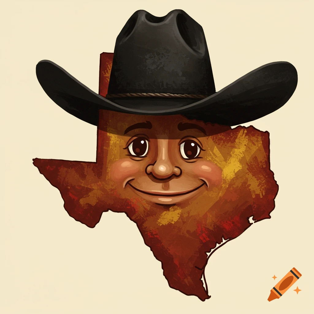 Cartoon map of Texas with a face and cowboy hat.