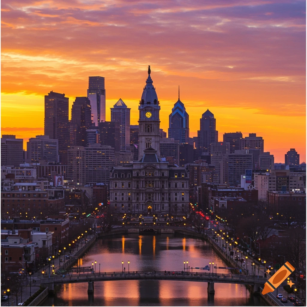 Philadelphia skyline with City Hall at sunset over a river