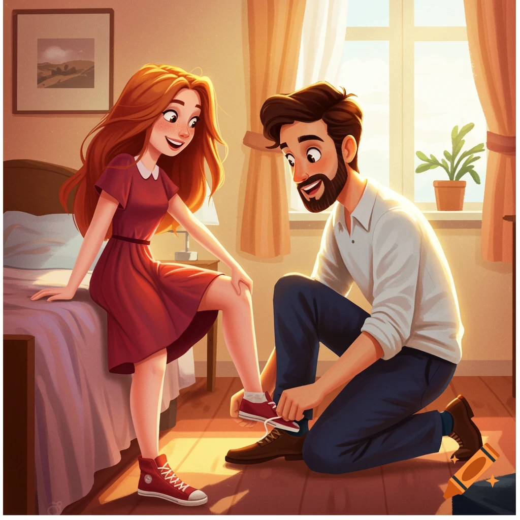 A woman sits on a bed as a man kneels to tie her shoe in a sunlit bedroom.