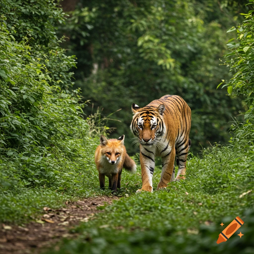 A fox and a tiger walk side by side on a forest path. Photorealistic.