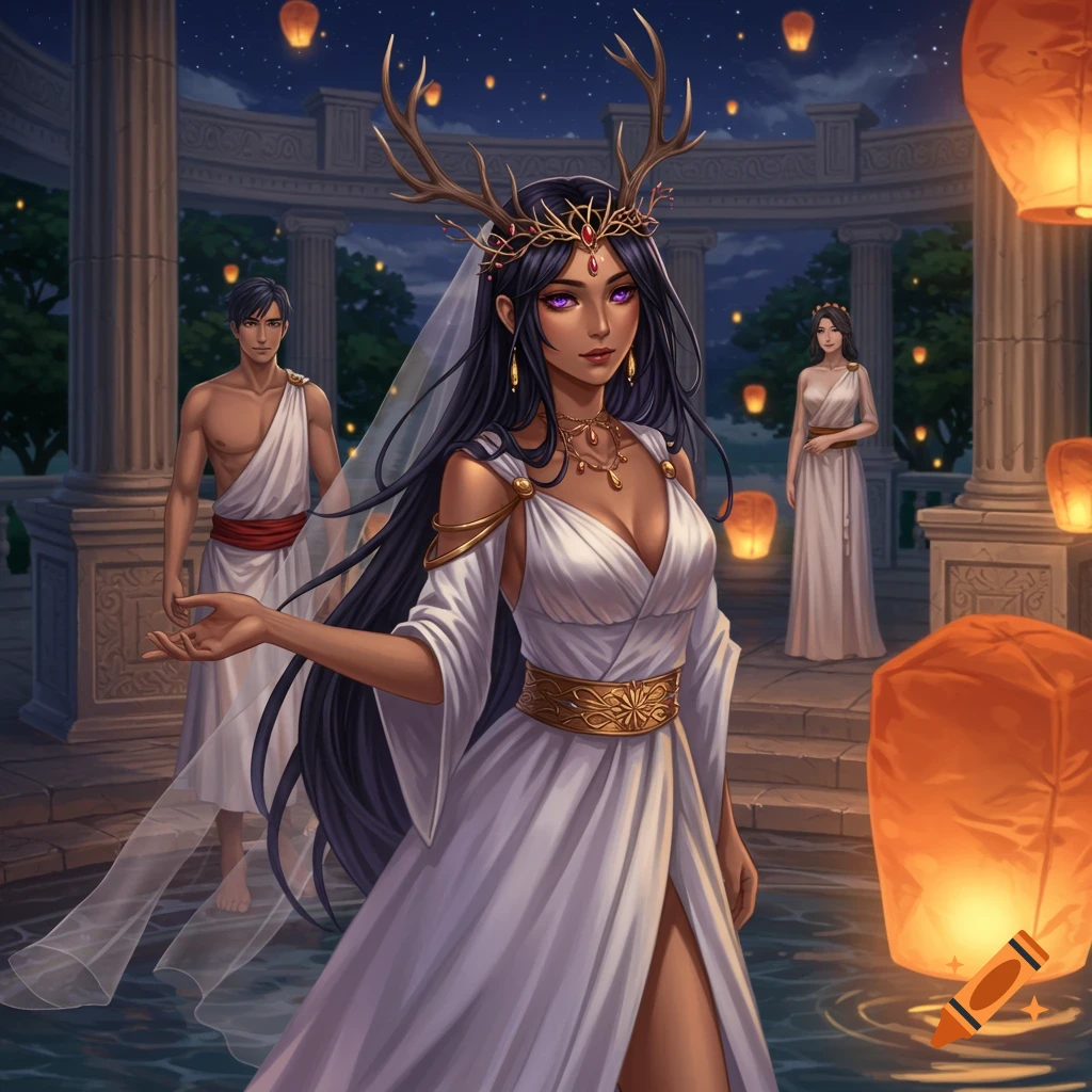 A woman with antlers and purple eyes in a white dress stands in a Roman garden at night with floating lanterns, two attendants behind her. Anime style.