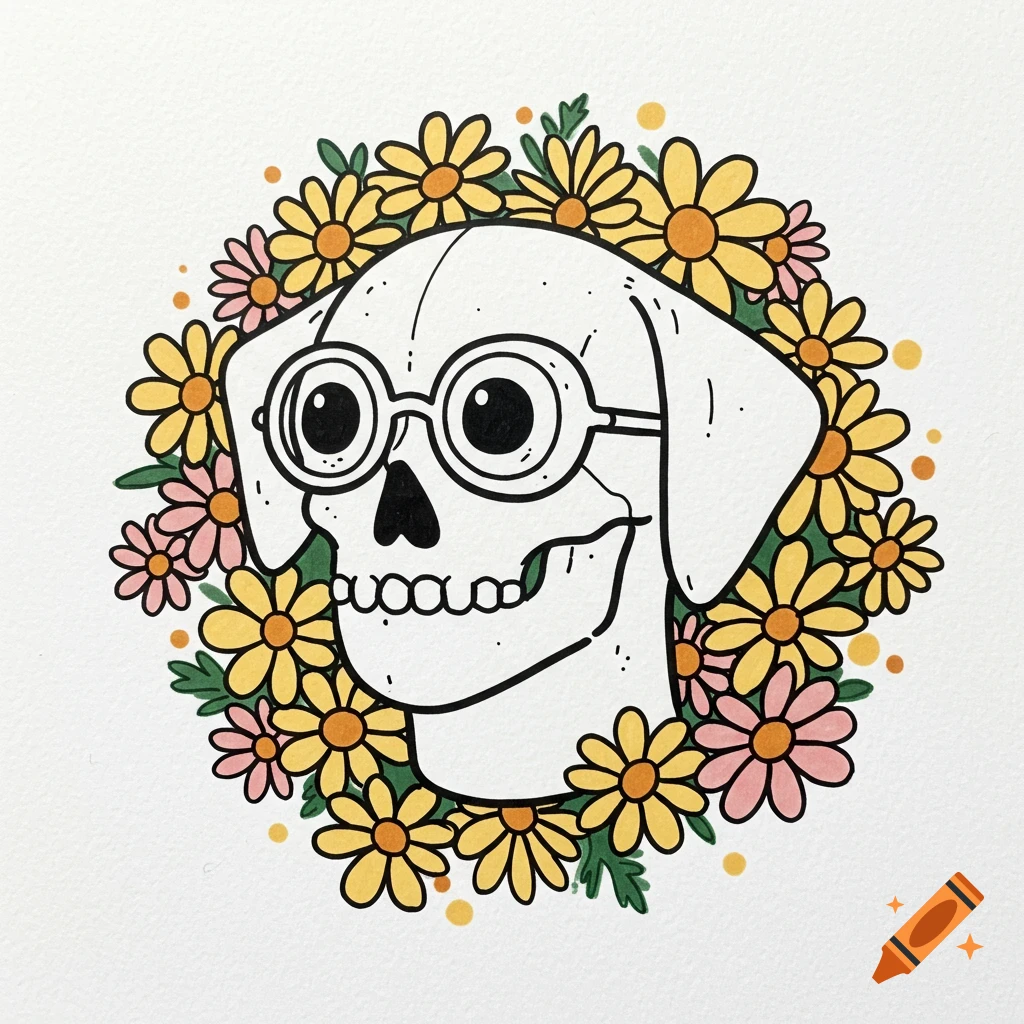 Stylized illustration of a dog skull wearing glasses and surrounded by yellow and pink flowers.