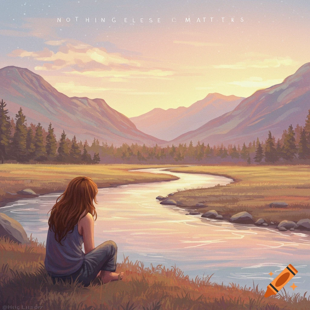A person sits by a river, gazing at a mountain landscape during sunset.