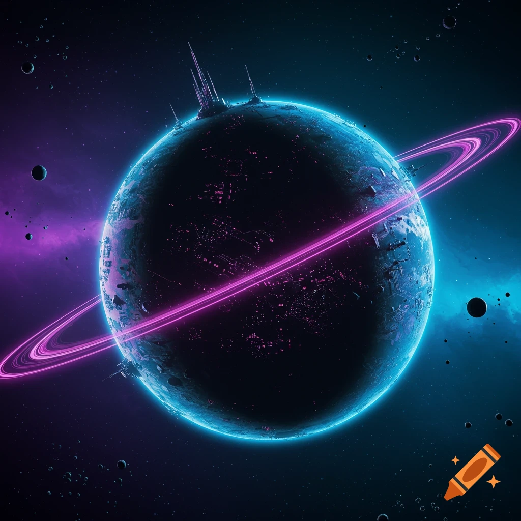 A high-tech planet with bright pink rings, set against a backdrop of stars and a blue and purple nebula.