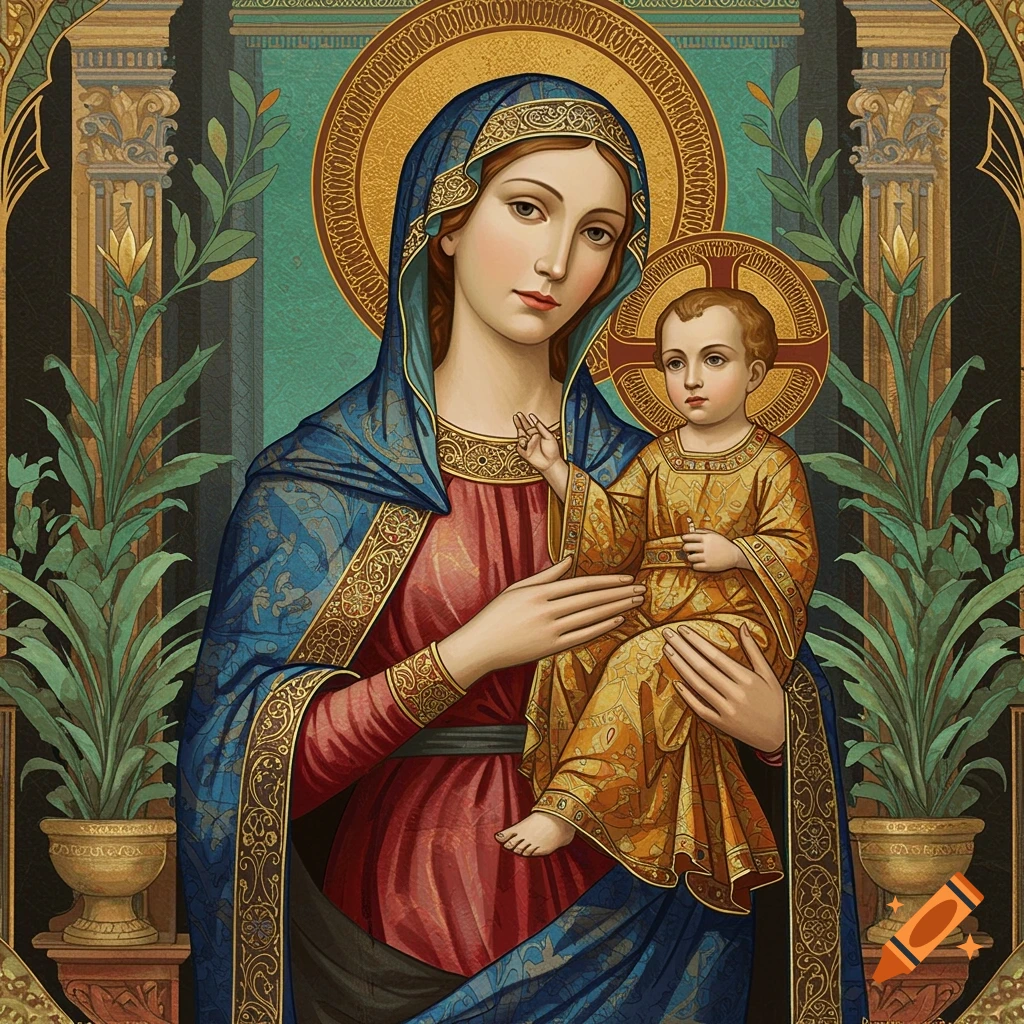 Madonna and Child painting in Art Deco Renaissance style with ornate details and plants