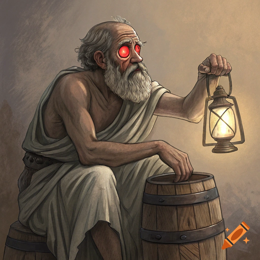 Illustration of the philosopher Diogenes with bright red eyes holding a lantern.