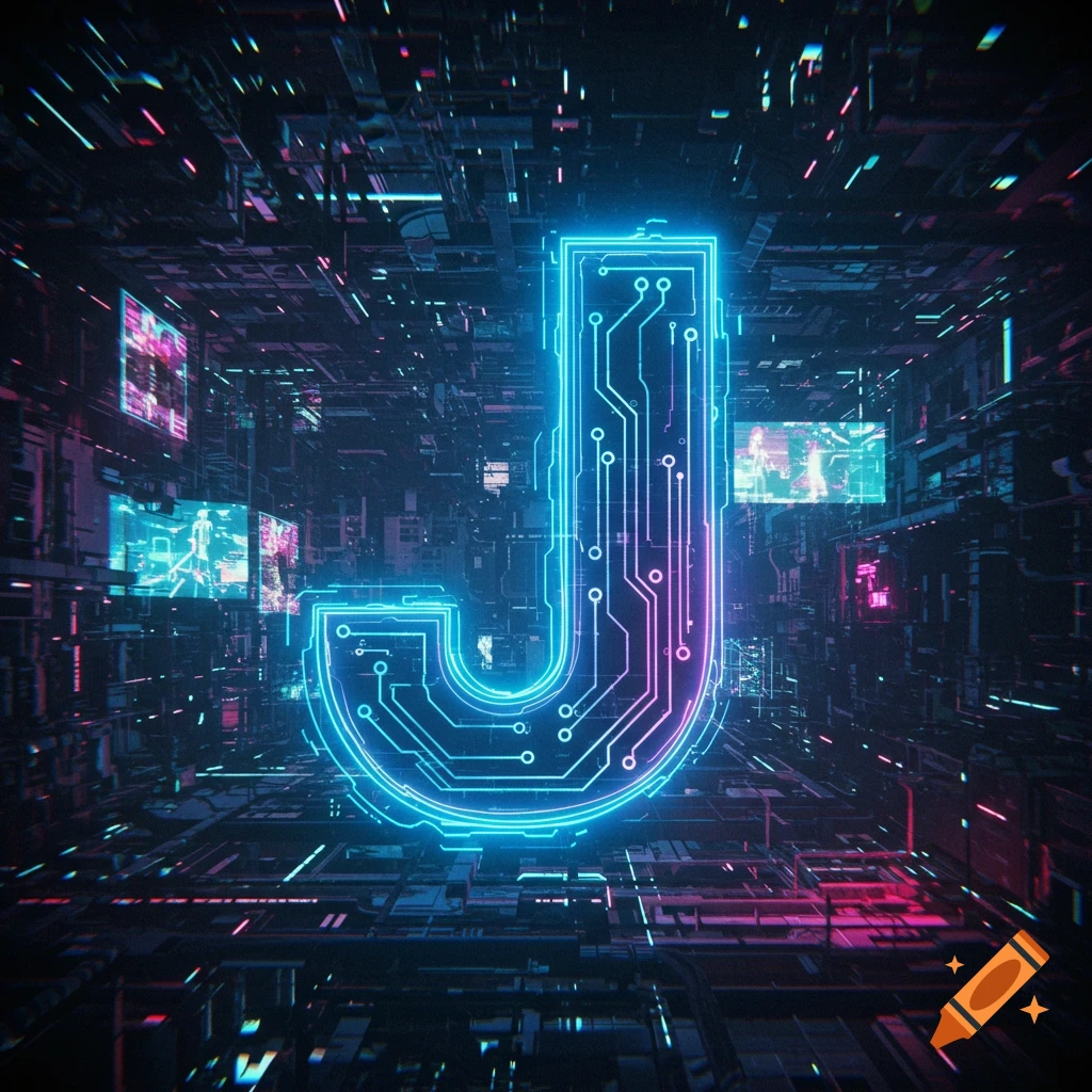 A glowing neon blue and pink letter J made of circuit board lines floats in a futuristic digital space.