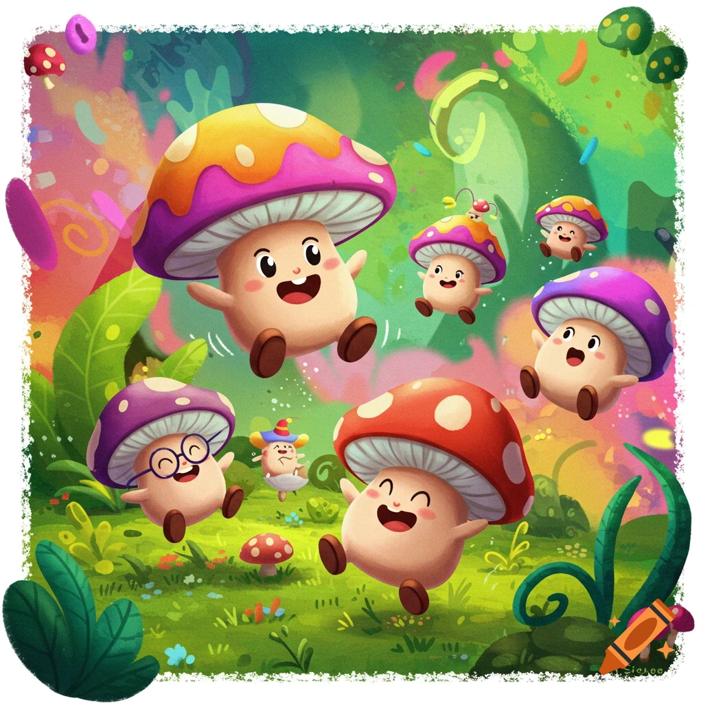 Cartoon mushrooms bouncing in a colorful forest