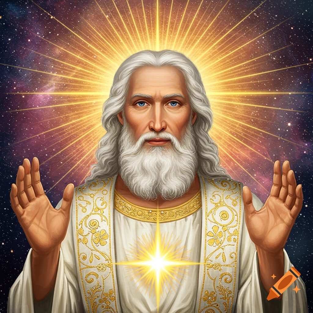 A bearded figure in white and gold robes with hands raised, surrounded by light rays against a starry sky.