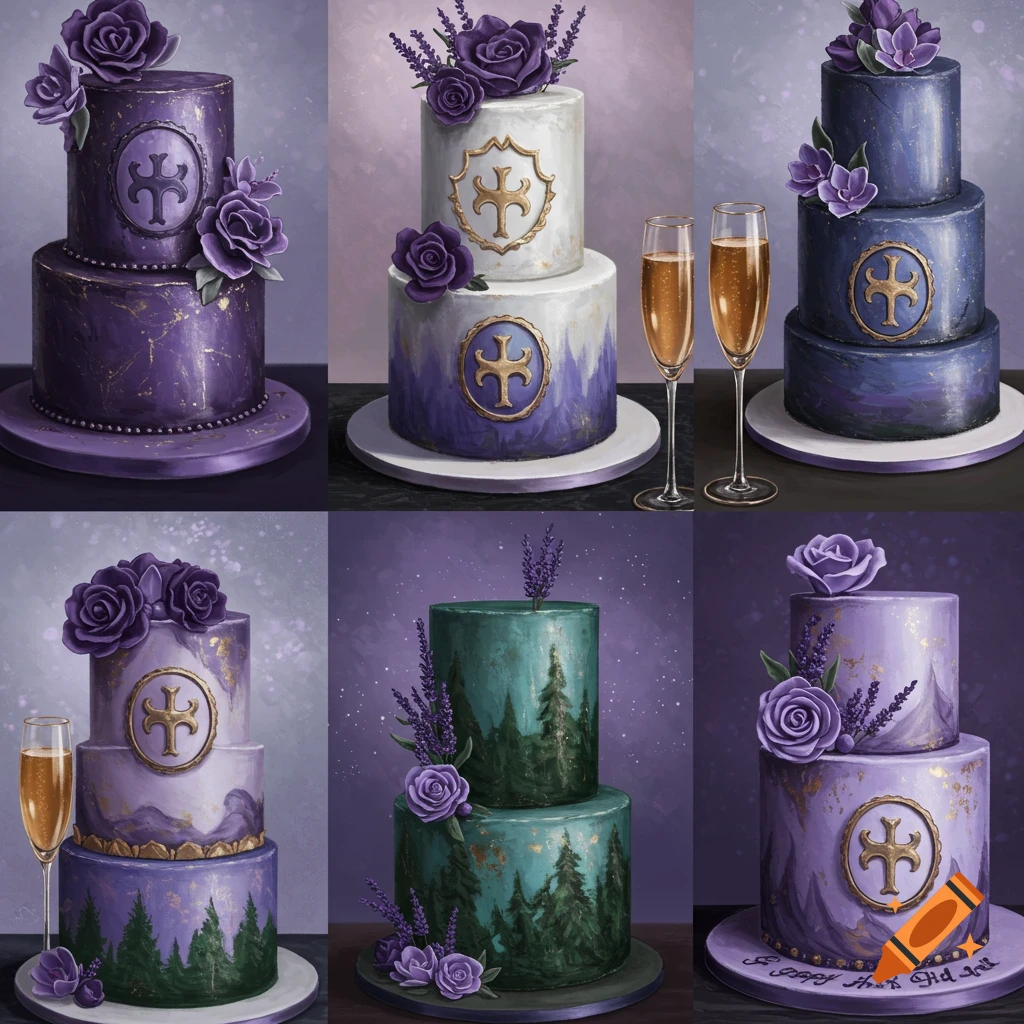 Multiple purple and gold fantasy-themed cakes with flowers, lavender, and crosses