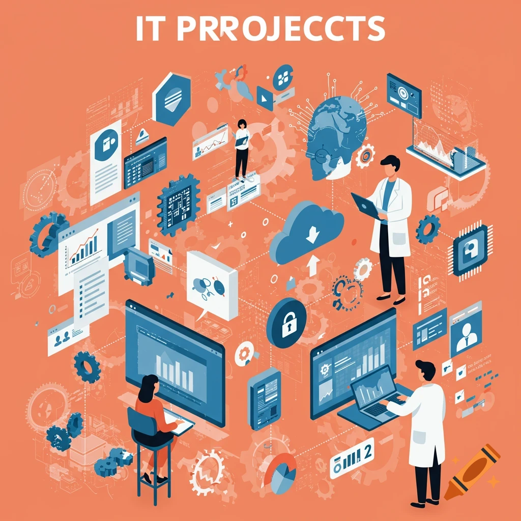 A digital illustration depicting various IT concepts and projects with stylized people and technological elements.