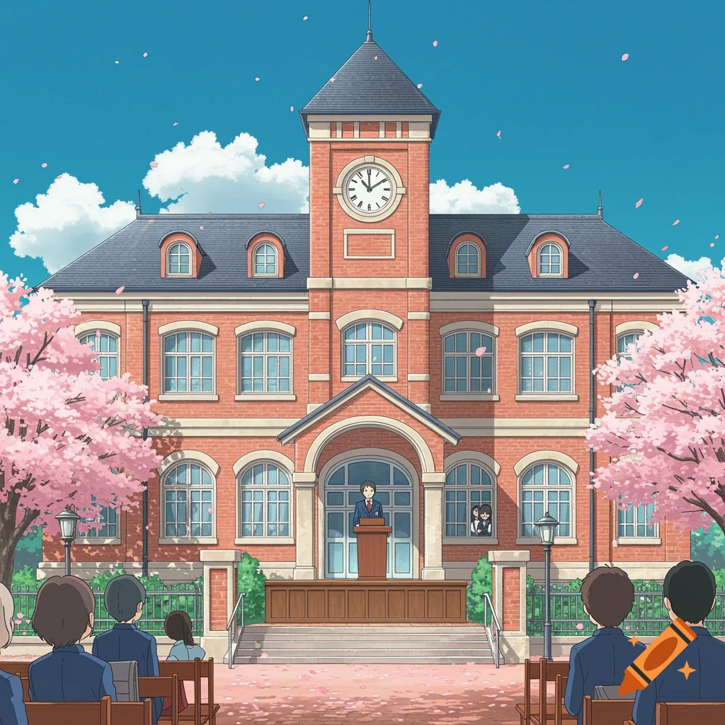 Anime school ceremony in spring with students and cherry blossoms.