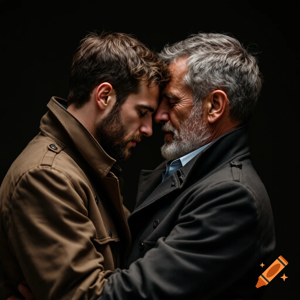 Side view close-up portrait of two men embracing forehead-to-forehead