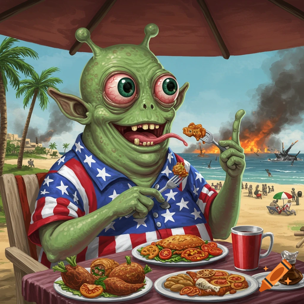 A green alien in a patriotic shirt is eating on a beach with conflict in the background.