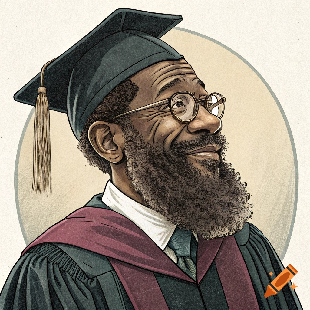 Illustration of an African American man in a graduation cap and gown with a long beard looking up.