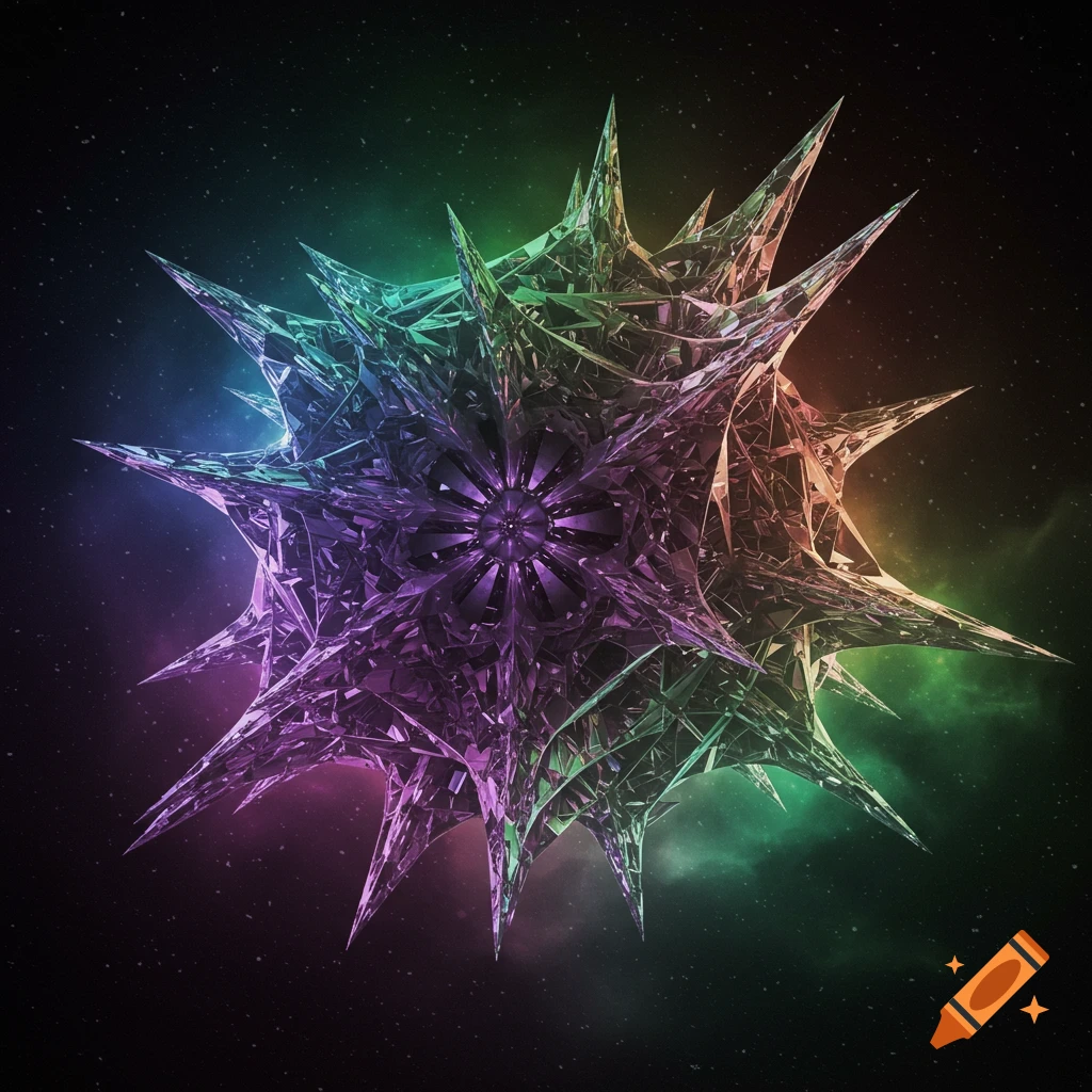 A complex, multifaceted abstract crystalline object with colorful light in space.