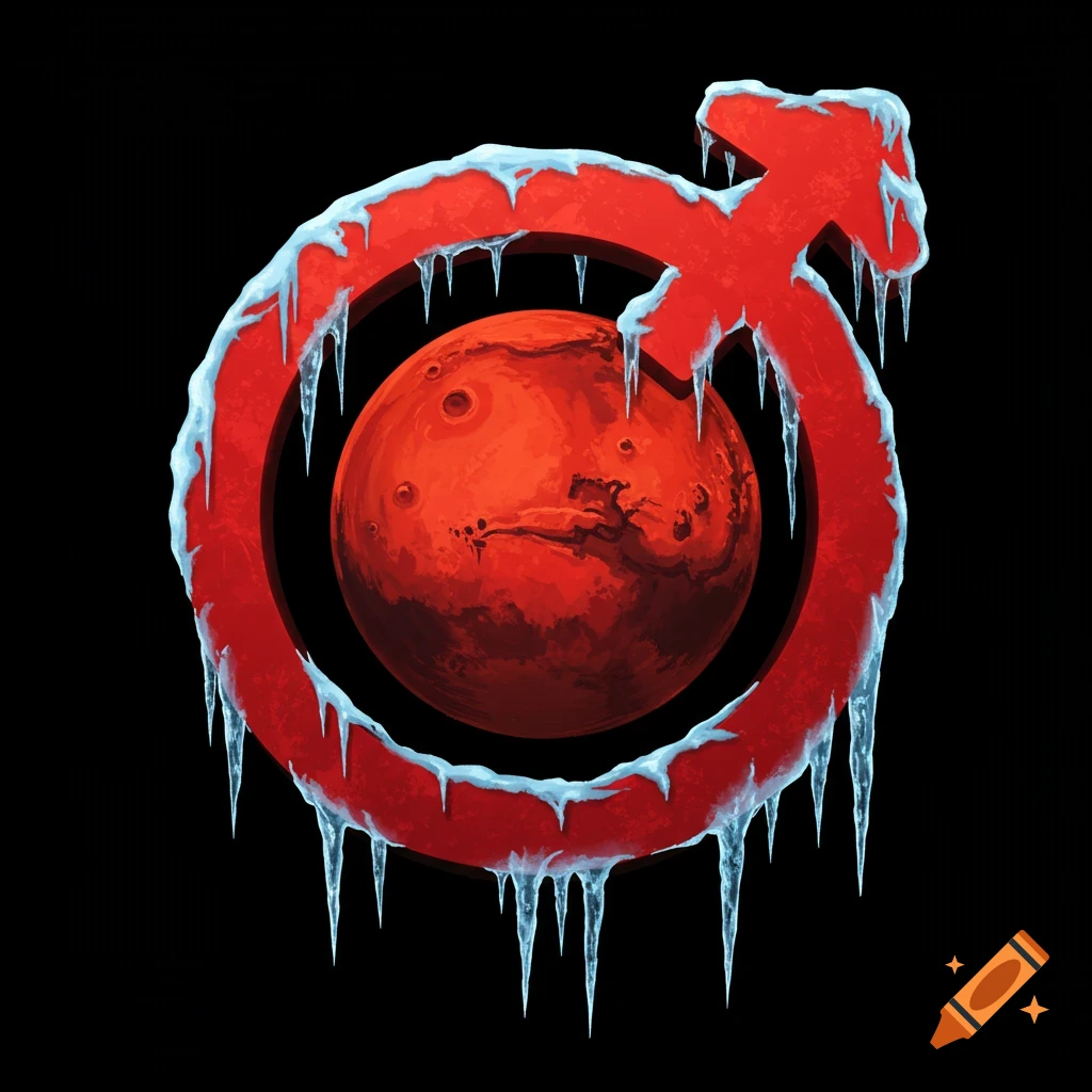 A red Mars symbol covered in ice and icicles, with the planet Mars visible inside the circular part, against a black background.