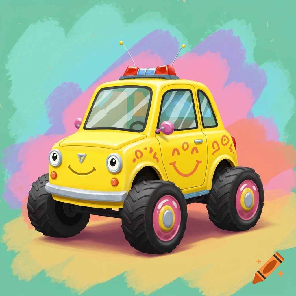 A bright yellow cartoon car with a smiling face and large monster truck tires.