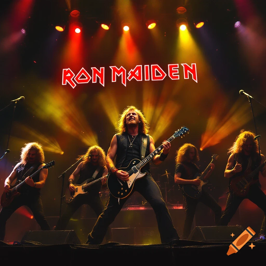 A rock band plays on stage under spotlights with a 'RON MAIDEN' sign.