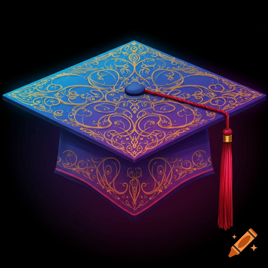 A blue and purple graduation cap decorated with gold swirling patterns and a red tassel.
