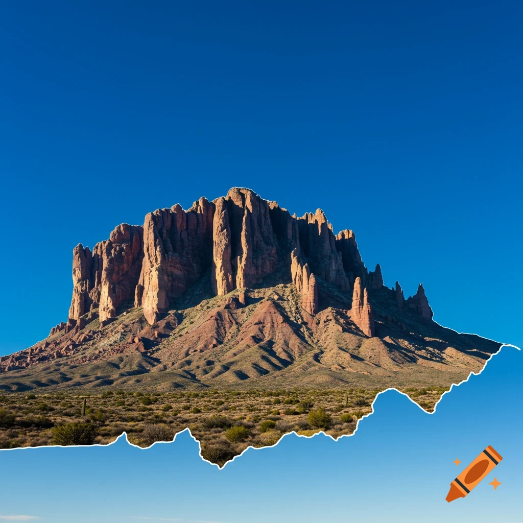 Superstition Mountain outlined against a blue sky in a desert landscape.
