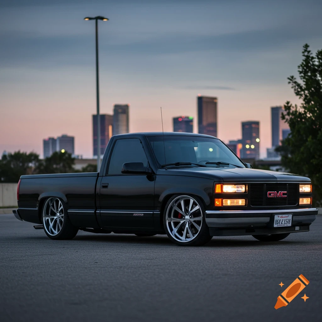 A slammed black GMC Sierra pickup truck parked on a street with a city skyline in the background at sunset.