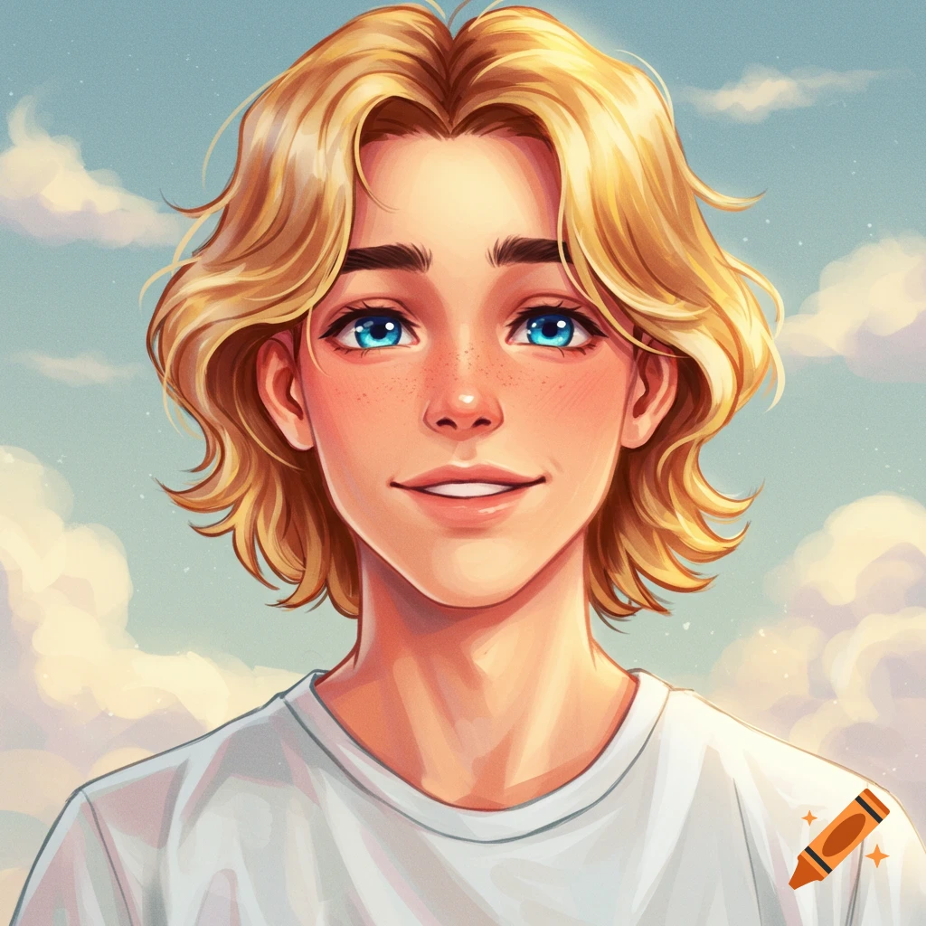 A young man with blonde hair and blue eyes smiles against a cloudy sky.