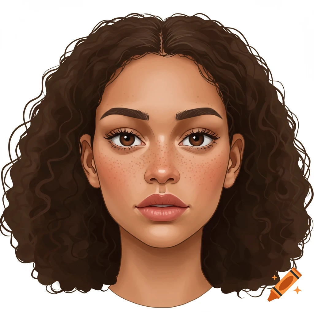 Vector graphic portrait of a woman with curly hair and freckles.