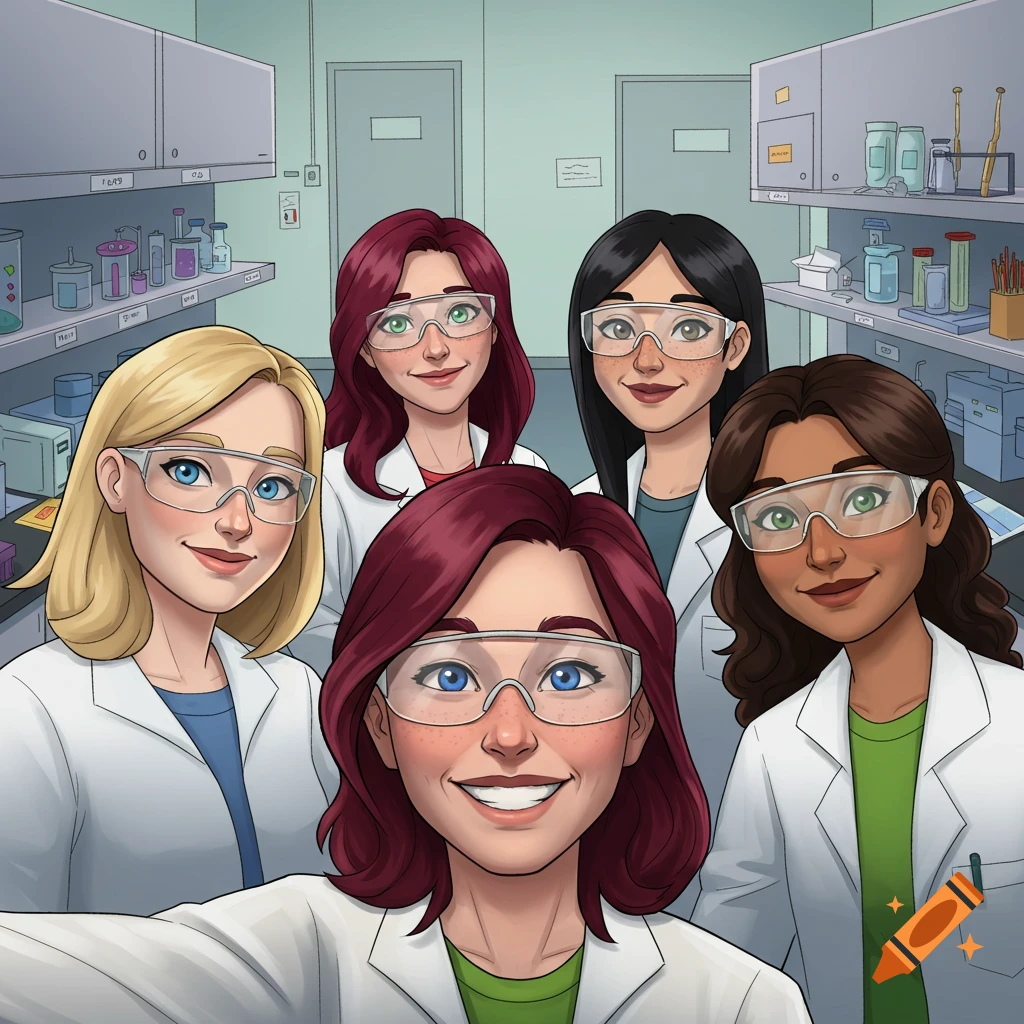 A cartoon illustration of five women taking a selfie in a science lab, wearing lab coats and safety glasses.