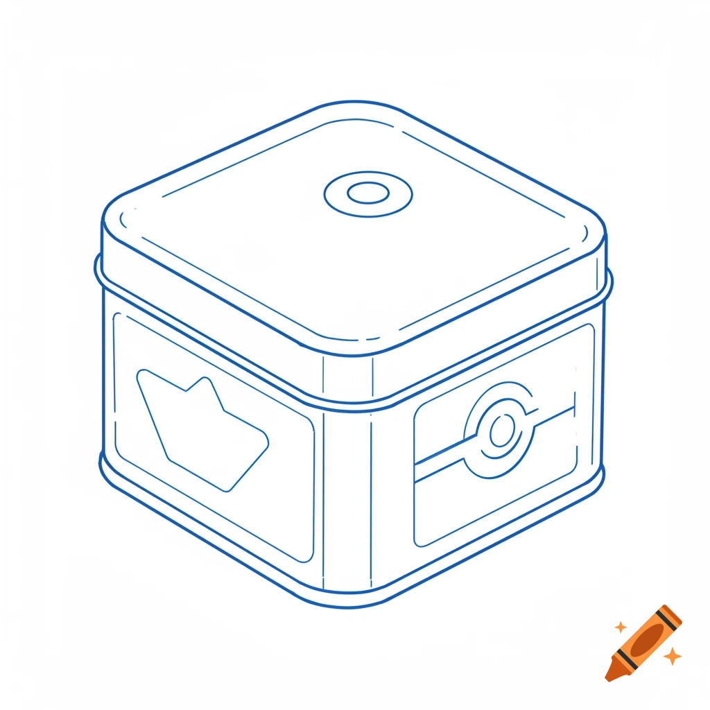 Blue line art illustration of a square tin with simple designs on the sides.