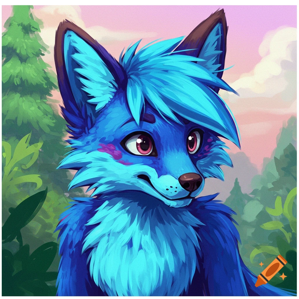 a blue furry fox character in a forest.