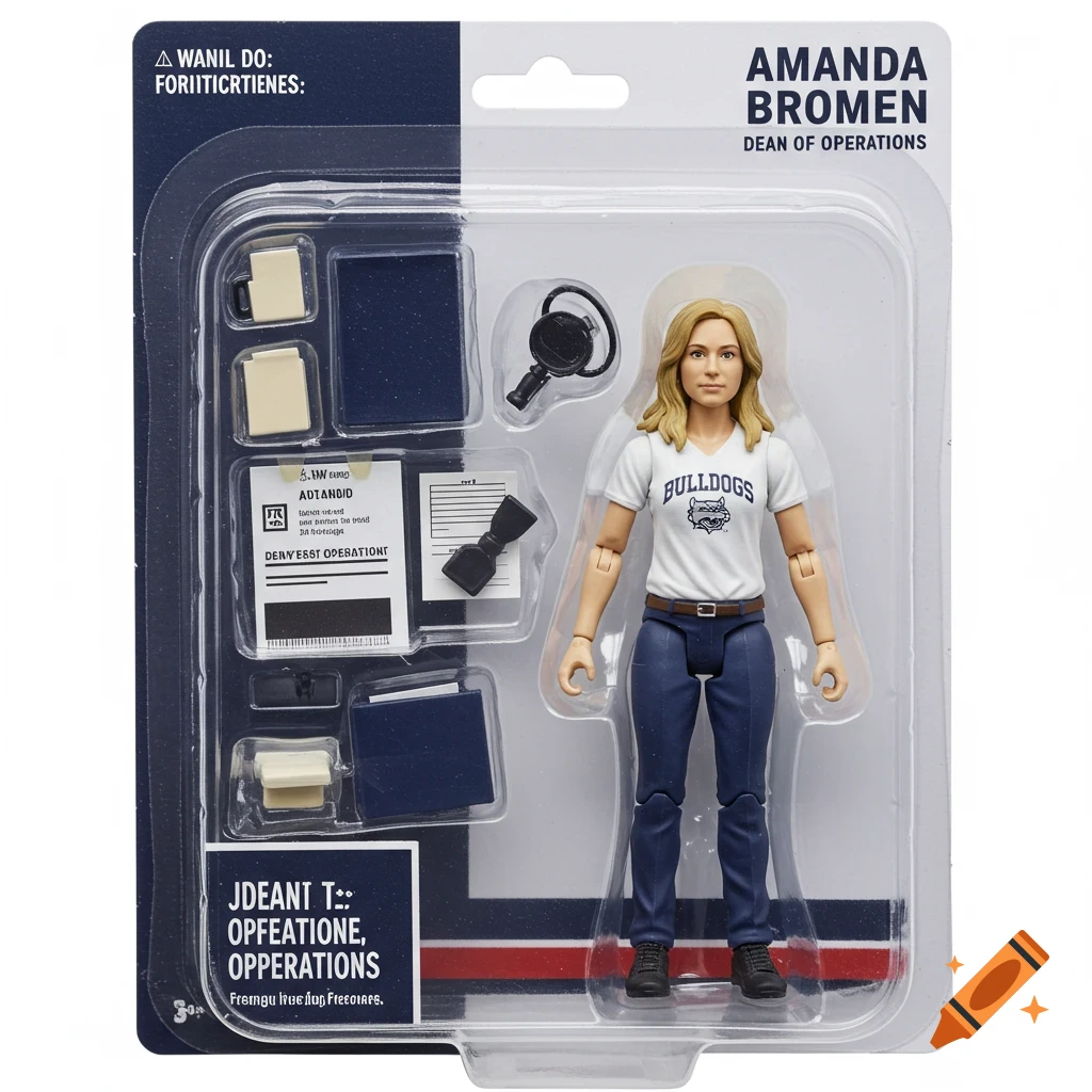Action figure of a woman in blue pants and white shirt in blister packaging.