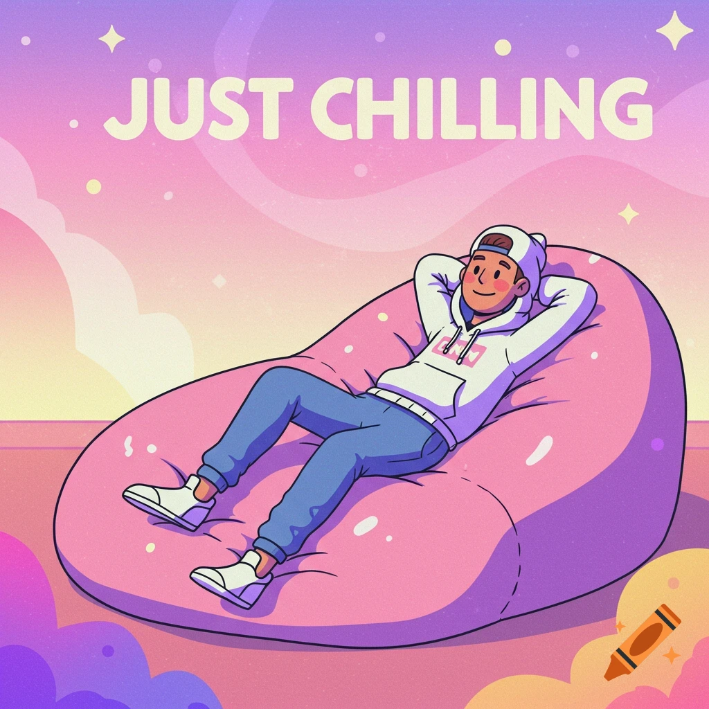 Cartoon illustration of a person relaxing on a pink beanbag under text 'JUST CHILLING'.