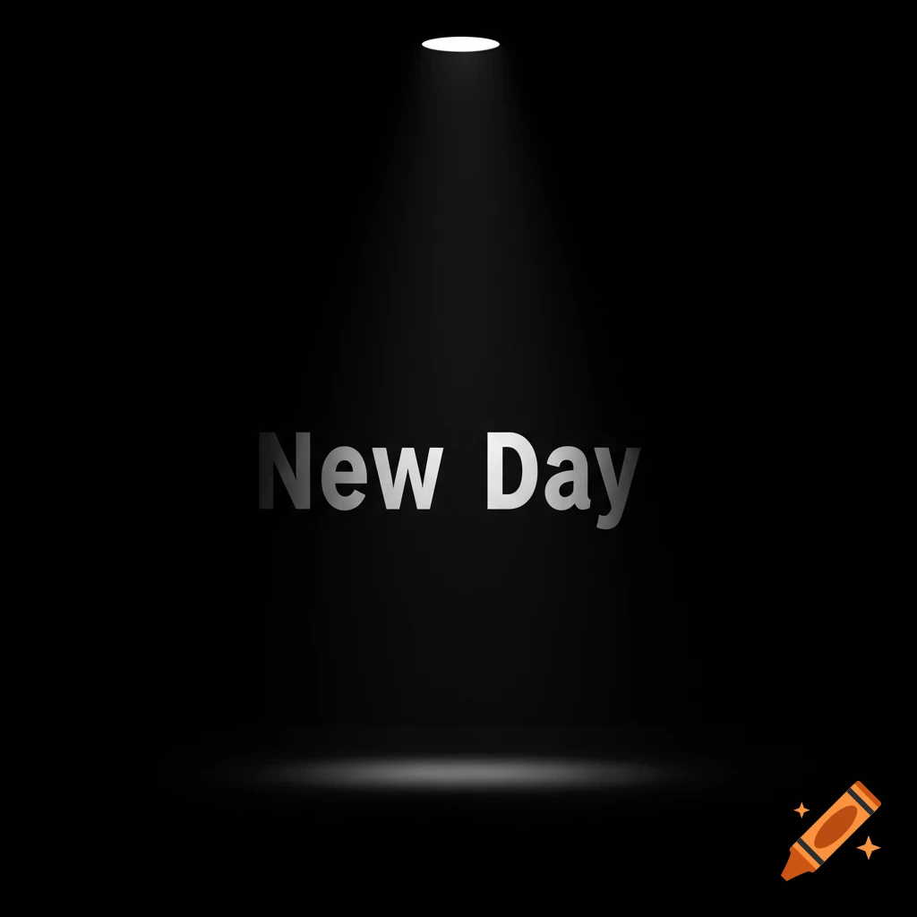 The words 'New Day' illuminated by a spotlight on a black background.