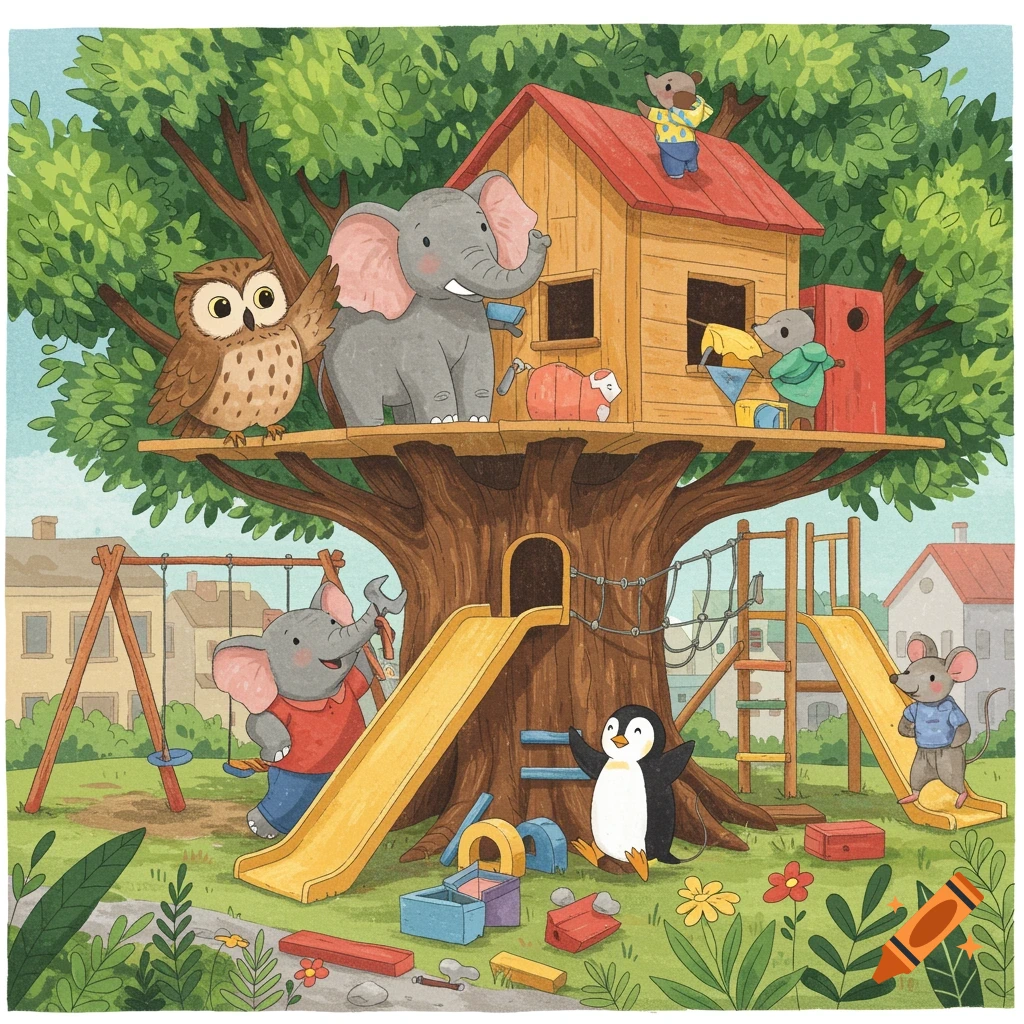 Cartoon animals, including an elephant, owl, penguin, and mouse, build a treehouse playground in a children's book illustration style.