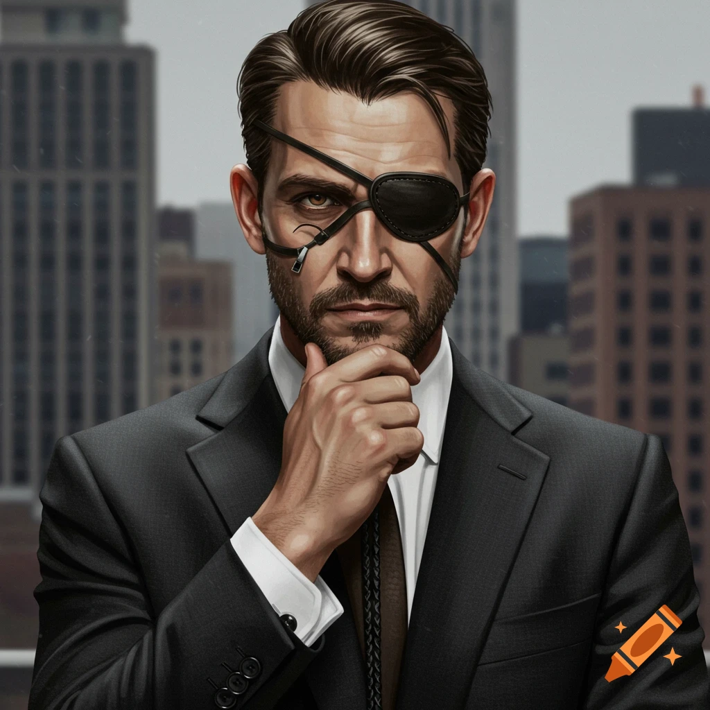 A man in a suit with an eye patch is holding his chin, with a city background.