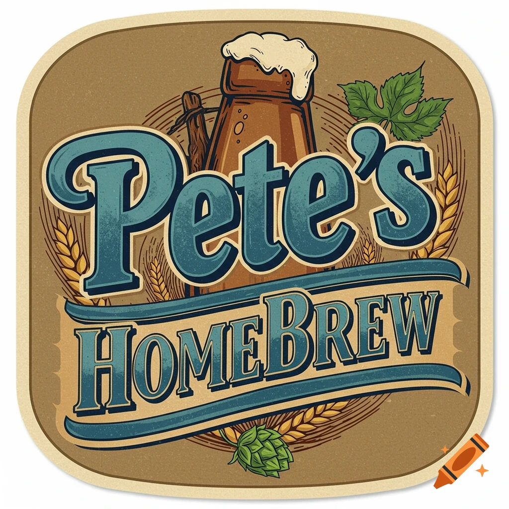Retro style label for Pete's Homebrew beer featuring a bottle, wheat, and hops.