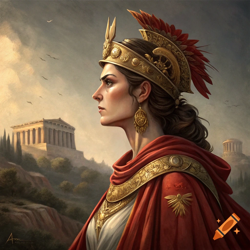 Painting of a woman in ancient Greek attire and golden helmet looking towards temples in a landscape