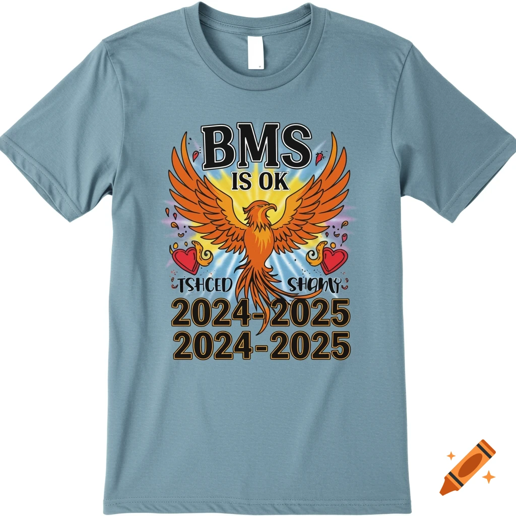 Light blue t-shirt with a graphic of a phoenix bird, hearts, and text 'BMS IS OK' and '2024-2025'